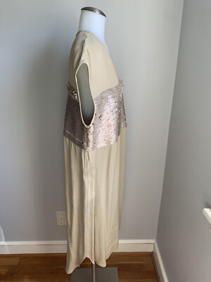 malene birger sequin dress Women's Malene Birger Beige Beaded Sequin Dress Cap Sleeve Round Neck Size  40