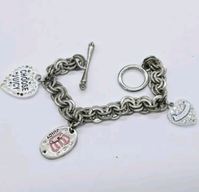 Juicy Couture Charm Bracelet Silver Tone Crystal Dangle Toggle 7