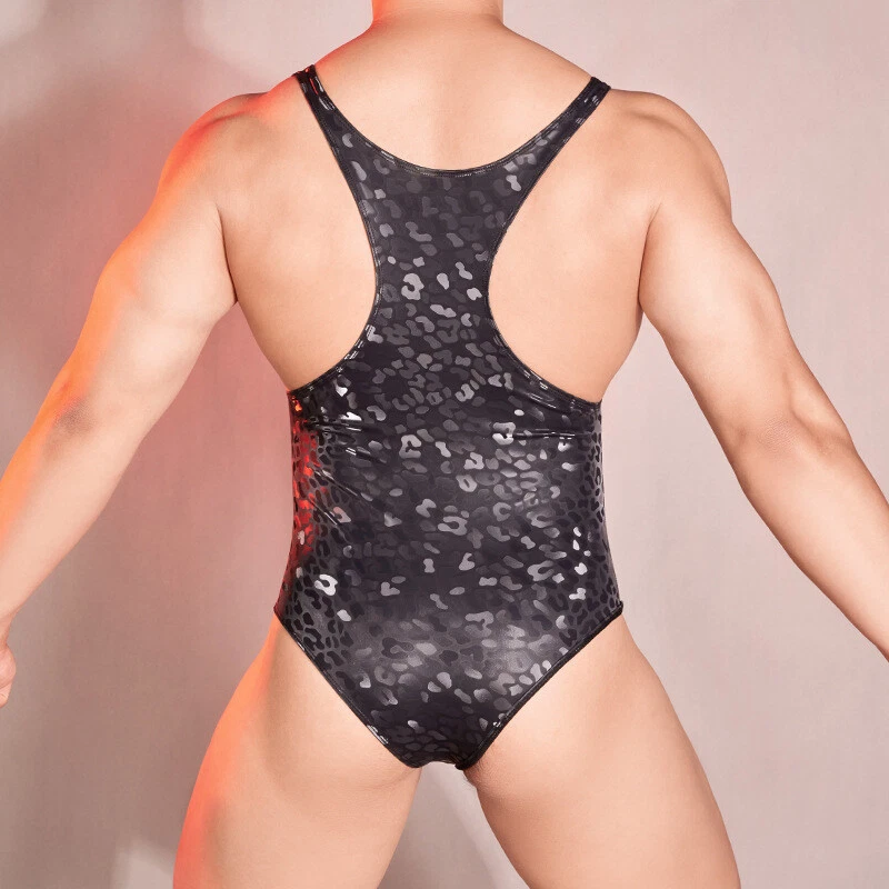 Costume da bagno sexy uomo gay PU leopardato body top lingerie palco festa clubwear - Immagine 4 di 4