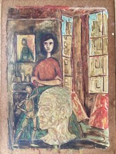 Vintage Ölgemälde 1954 stilisiertes Portrait im Künstleratelier auf Karton signiert