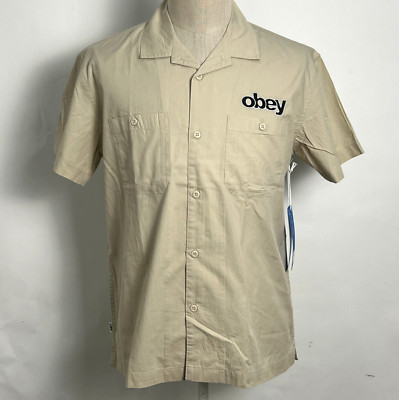 Obey Men's SS Organic Woven Button Down Shirt Clock In Clay Size M NWT