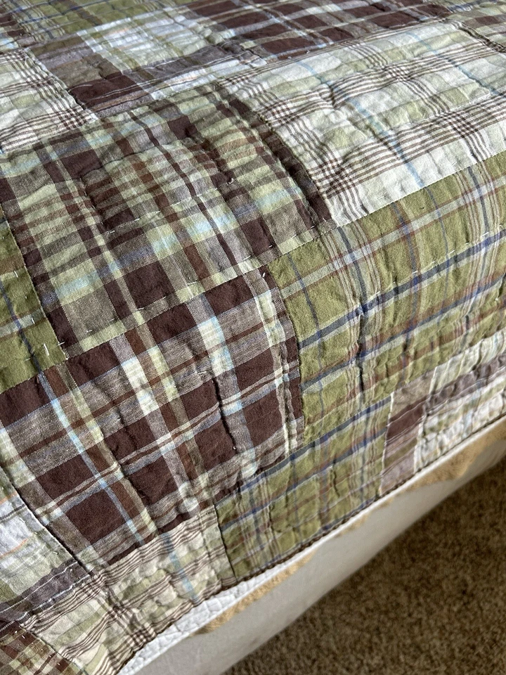 Pottery Barn Kids Madras 格子被子 恐龙 Shams 绿色 棕色 拼布 F/Q — 第 4/4 张图片