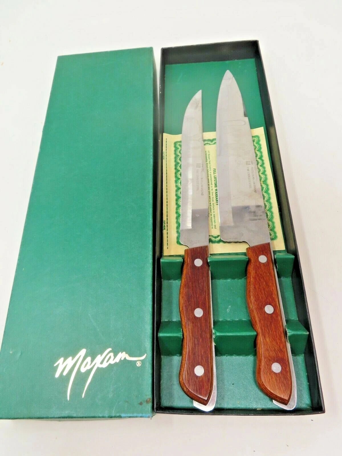 Set 2 Maxam Precision Hollow Ground Fine Stainless Steel Kitchen Knives Orig Box