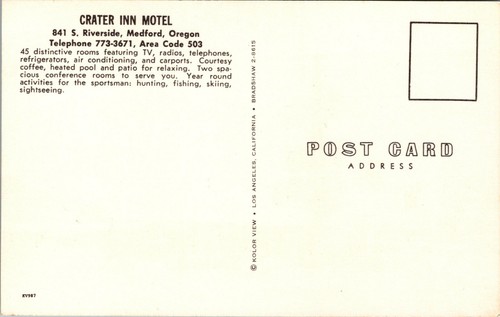 Vtg 1960s Crater Inn Motel Medford Oregon OR Roadside America Postcard - Picture 2 of 2