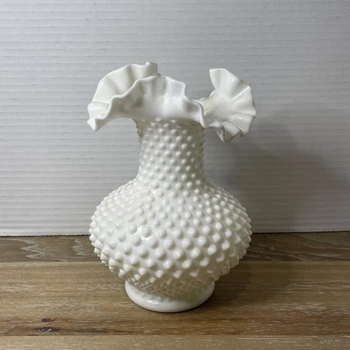 Vintage Fenton 7” Mid-Century MCM Ruffled Hobnail Vase White Milk Glass