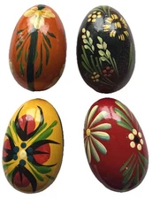 Hand Painted Wooden Eggs Red Yellow Orange Brown Floral 2.5” Set Of 4