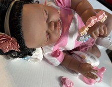 Baby Girl Doll Dark Complexion Black Curly Hair Closed Eyes Outfit Pacifier