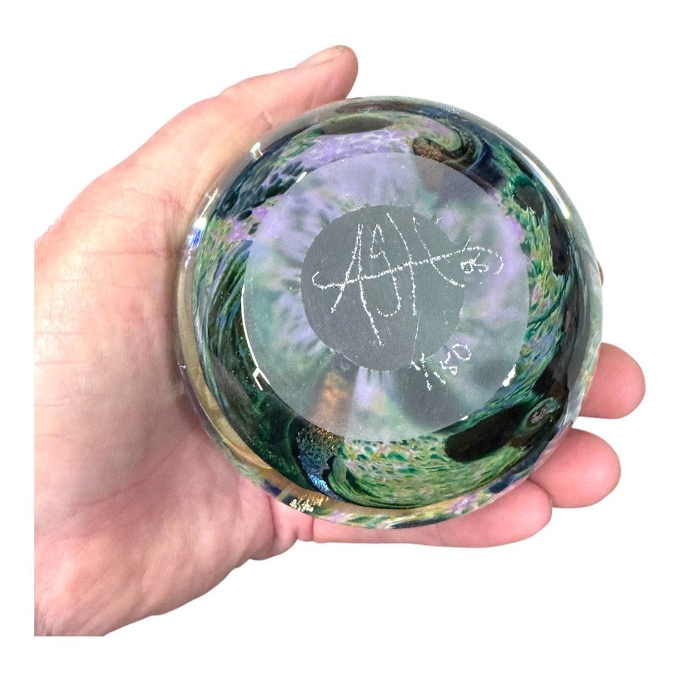Hand Blown Glass Paperweight ASH Swirling Blue Green Oceanic Water ...