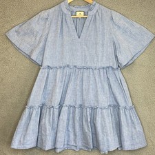 Tuckernuck CRAWFORD Mini Cottagecore Dress Blue Chambray Tiered Ruffles Flutter