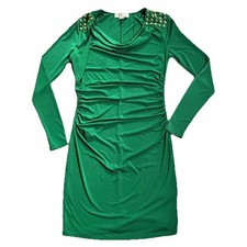 Michael Kors elegant Green Long Sleeve curve flattering Dress w gold Shoulders