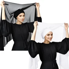 2Pcs Instant Chiffon Hijab, Magnet, Sewn Undercap, Head Wrap, Under Scarf Cap