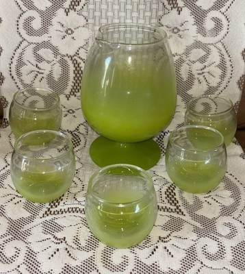 Vintage Blendo Green Fade Cocktail Pitcher & 5 Roly Poly Glasses MCM Mid Century
