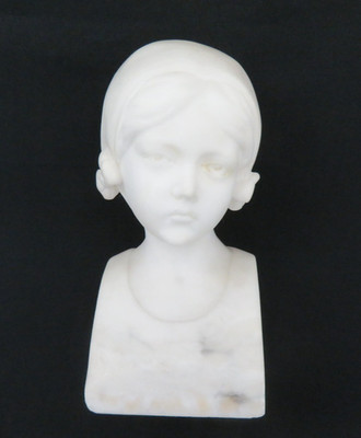 Antique Carved White Marble Bust of Young Girl in Hat with Bows  6''
