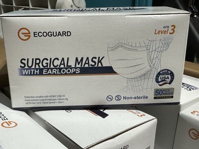 ECOGUARD Face Mask Medical Surgical ASTM Level 3 - 1 Box of 50 Masks w/Ear Loops