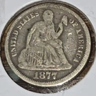 1877 P Philadelphia US SEATED LIBERTY DIME 90% SILVER 0.0723tr oz = 2.249 grams