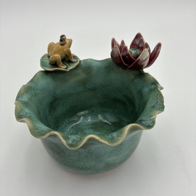 Majolica Pottery Frog Lily Pad Lotus Flower Teal Glaze Bowl Signed Art Piece