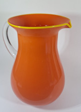 burton  Burton Glass Pitcher Orange Yellow Rim Applied Clear Handle 9"  2006