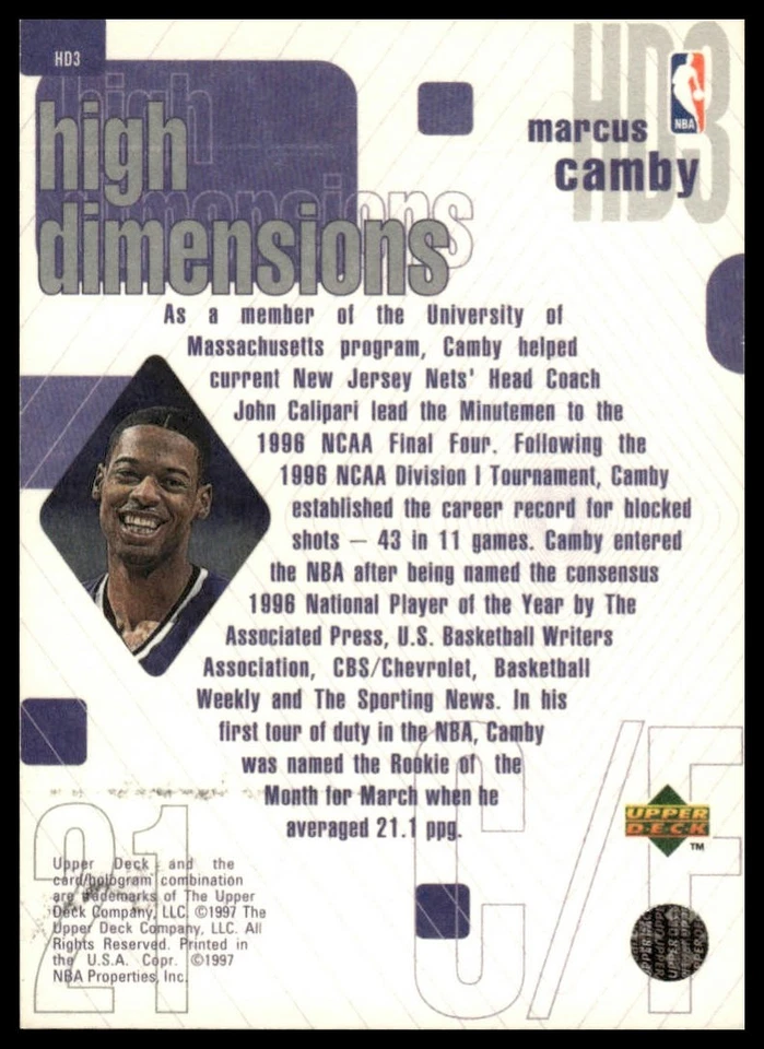 1997-98 Upper Deck #HD3 Marcus Camby High Dimensions #/2000 - Image 2 of 2