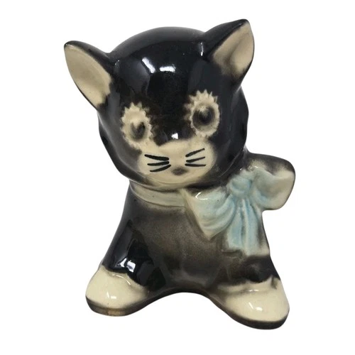 Vintage Shawnee Pottery Black & White Cat With Blue Bow Small Planter