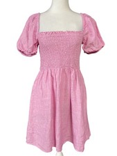 J Crew Dress Womens Small Pink Linen Puff Sleeve Smocked Bodice Pockets SU22