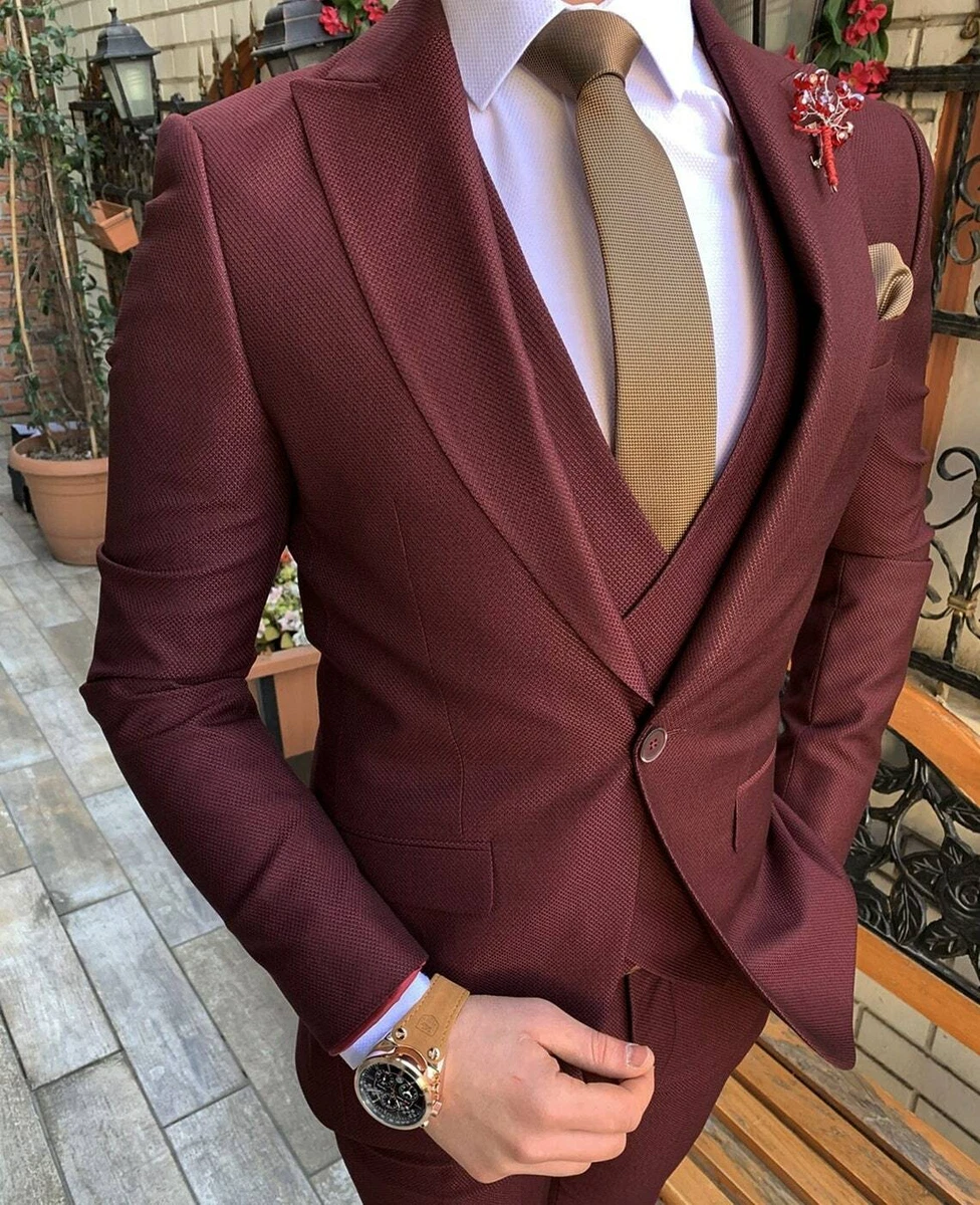 2022 Burgundy Suit Men Groom Slim Fit 3 Piece Tuxedo Prom Wedding Suits  Blazer Jacket+Pant+Vest | Lazada