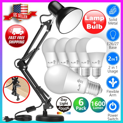 Black Desk Lamp Adjustable Swing Arm 6pack 2700K\3000\K5000 LED Light Bulbs - Picture 25 of 35