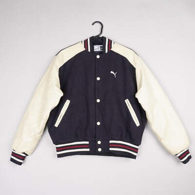 Vintage Puma Jacke Herren Small Blau Varsity Baseball Wolle PU Leder 1990er B60