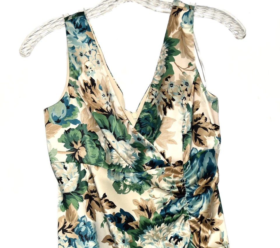 Donna Ricco Blue Green Tan Floral V-Neck Ruche Empire Waist Womens Dress Size 6P - Image 2 of 4