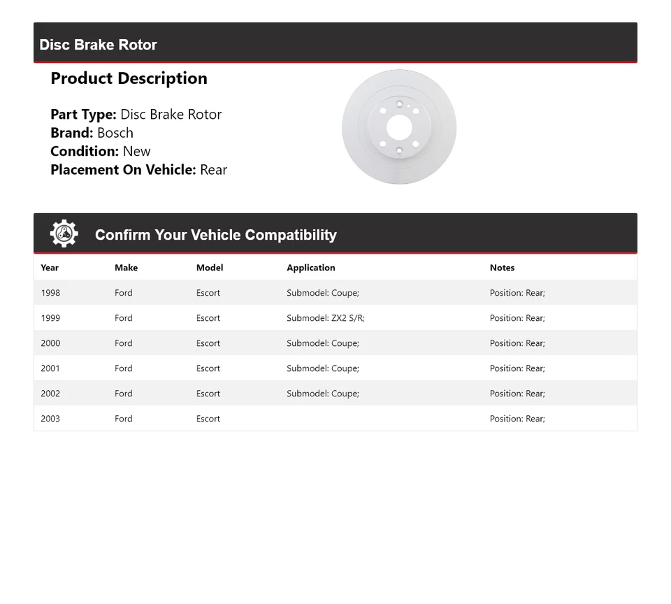 Rotor de freno de disco trasero QuietCast Bosch 1998-2003 Ford Escort 1999 2000 2001 Foto 2 de 4