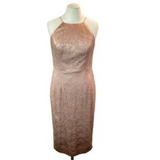 Adrianna Papell Evening Dress Womans 4 Lace Halter Lined Dress Metallic Pink
