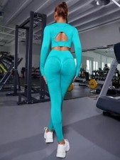 Women Seamless Workout Sets Outfits Hollow Back Long Sleeve Butt Booty Leggings
