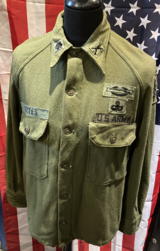 Vintage US Army Korean War Era Green OG-108 Airbourne Shirt Size Medium - Afbeelding 1 van 11