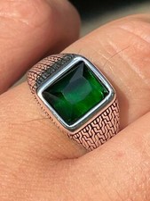 Mens Plain Real 925 Sterling Silver Green Simulated Emerald Stone Ring Hip Hop