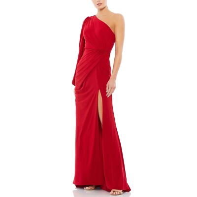 Mac Duggal Ieena 67879 One Shoulder Puff Sleeve Faux Wrap Gown, Red, 12
