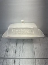 Maison Neuve Ceramic White Butter Dish w/Lid Beaded/Butter Pattern NEW!