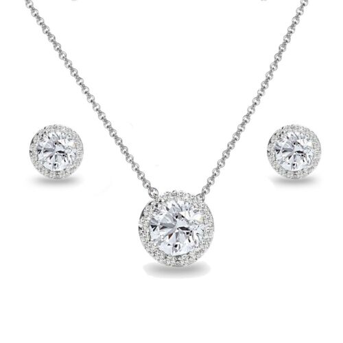Halo Created White Sapphire & White Topaz Necklace & Stud Earrings Set in Silver - 第 1/2 張圖片