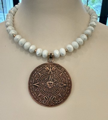 REBAJES Vintage Copper Aztec Pendant Featured On Upcycled Glass Bead Necklace