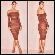 House of CB Size M Anais Tulle Off Shoulder Midi Cocktail Dress Ruched Bodycon