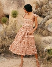 Cleobella Frida Terracotta Organic Cotton Block Print Boho Midi Dress size XS