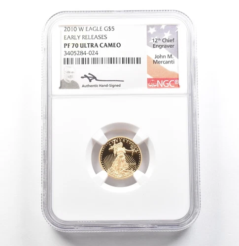 2010-W $5 American Gold Eagle Mercanti ER 1/10 Oz PF70 UCAM NGC *0108