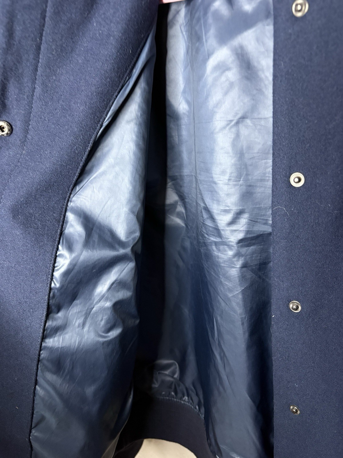 Nike Sportswear Women’s Varsity Jacket XL Navy Blue Neon Wool Blend Snap Pockets thumbnail 6