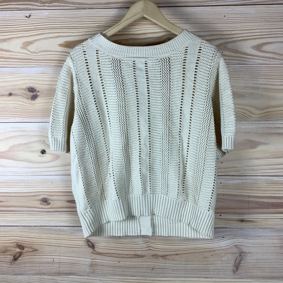 Suéter Sonoma Feminino Grande/XL Manga Curta Cardigã Marfim Malha Aberta Preppy - Imagem 2 de 4