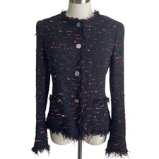 Used Chanel Fringe Tweed Jacket Size 38 Black Red Length 58cm