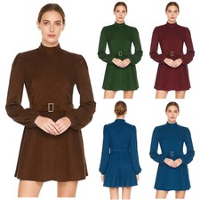 Womens Dress Work Dresses Family Dancewear Office Belt Back Waist Zip Corduroy