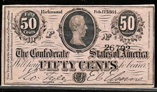 1864 CSA CONFEDERATE STATES AMERICA CURRENCY 50 Cents Note T72 PF-1 Cr. 578 AU