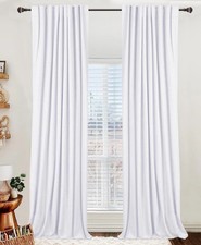 Bright White Linen Blackout Curtains 96" Long, 2 Panels Set, Thermal Insulated