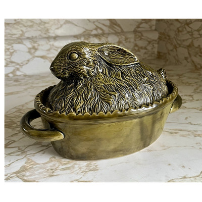 Vintage Ceramic Bunny Rabbit on Nest Jar Avocado Green Serving Dish Cottagecore