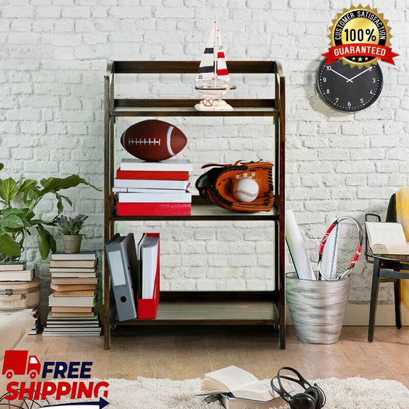 3-Shelf Folding Bookcase with Toprail - Sturdy Open Storage for Office or Home