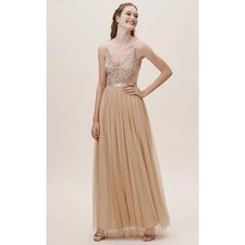 BHLDN Avery Embellished Sequin V-Neck A-Line Maxi Chiffon Dress Blush 0