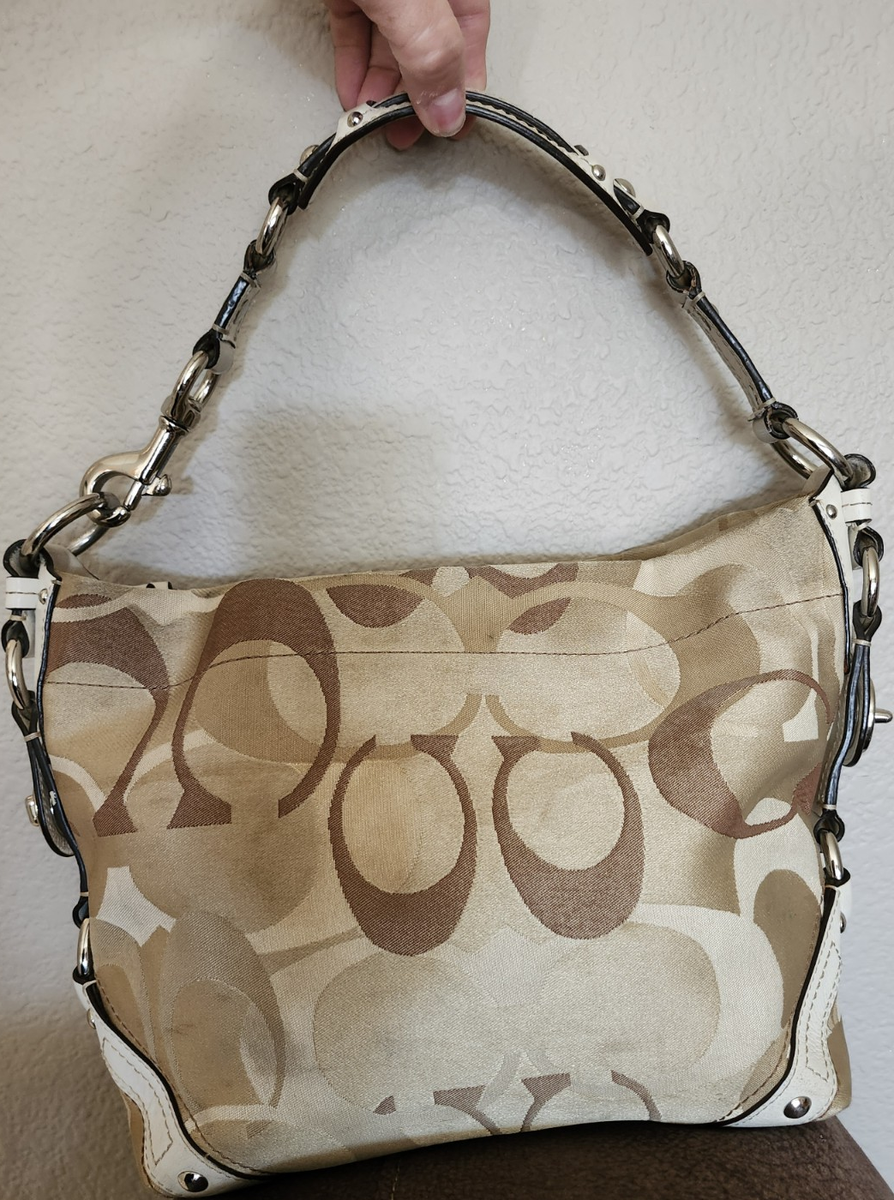 Y2K Coach Carly Beige Logo Bag White Leather Trim Silver Hardware